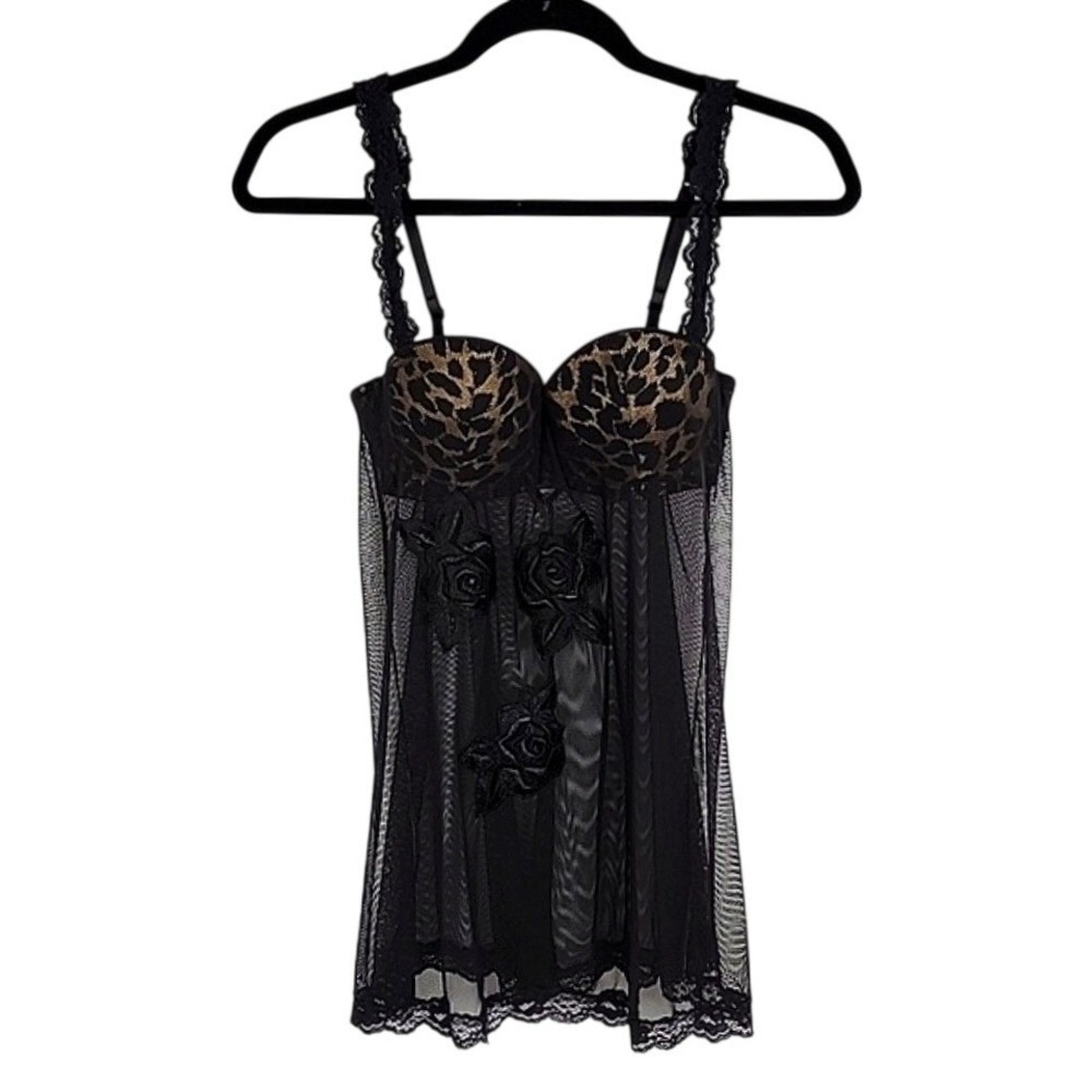Victoria's Secret Black Floral Lace Underwire Babydoll Lingerie 34B